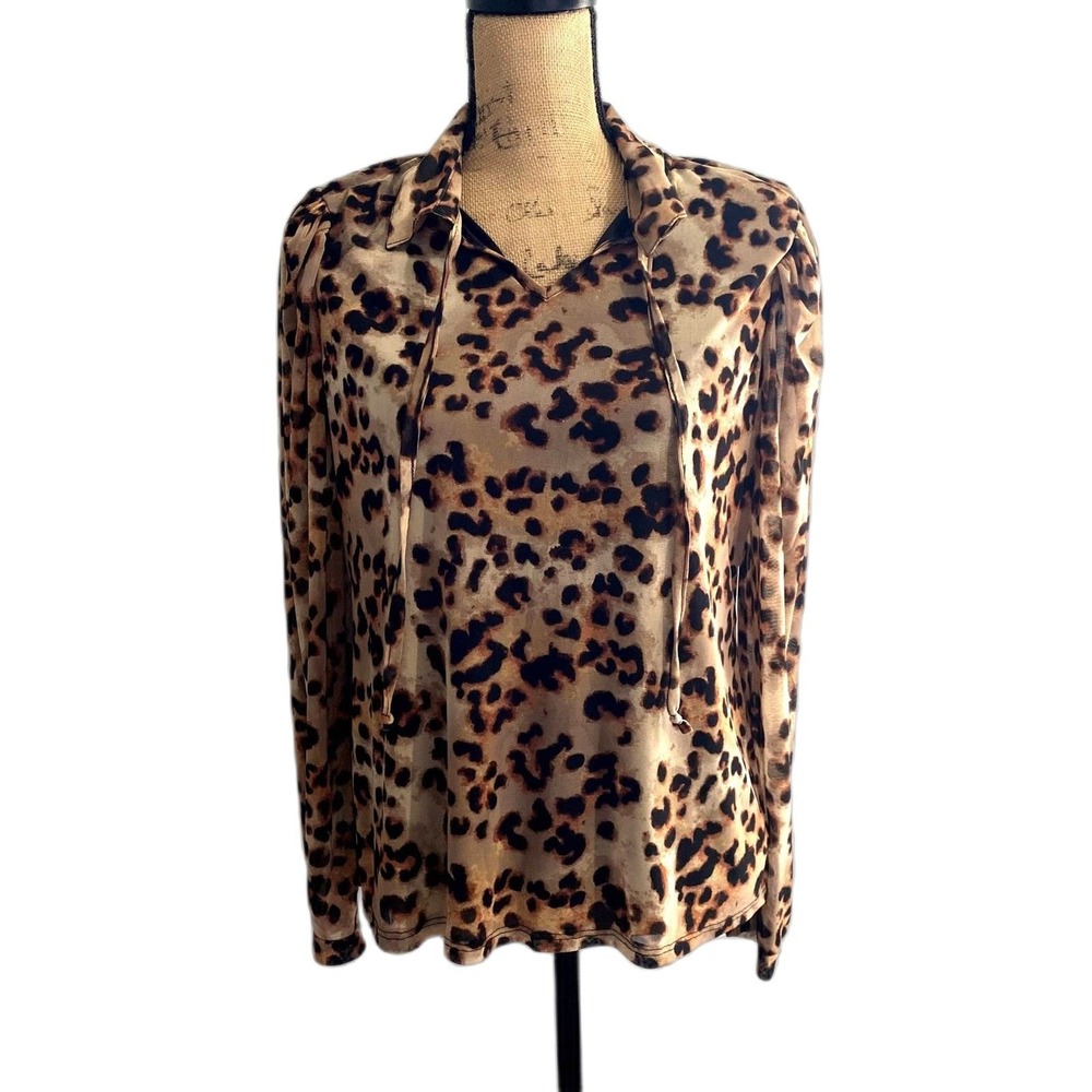 A Love Story Leopard Print Mesh Puff Sleeve V-Neck Blouse Brown Tan Medium